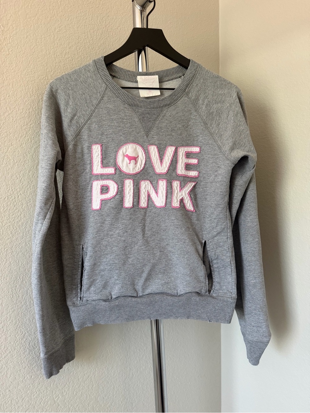 PINK Victoria's Secret Grey Sweatshirt with Pink 'LOVE PINK' Applique